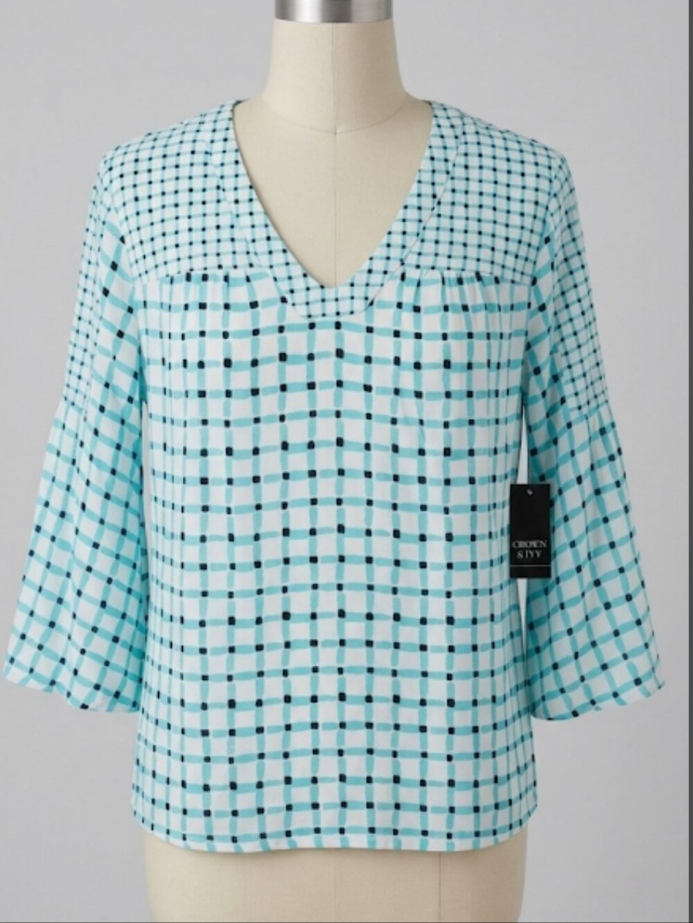 Crown & Ivy V-Neck Bell Sleeves Blue & Black Checked Size Small Contemporary